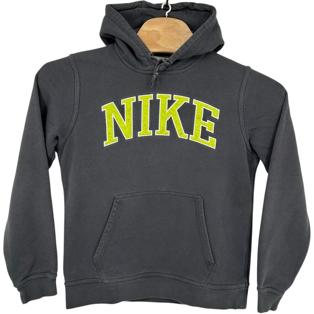 Vintage y2k Men's Grey Green Nike Block Letter Spell Out Hoodie Sweatshirt Sz M